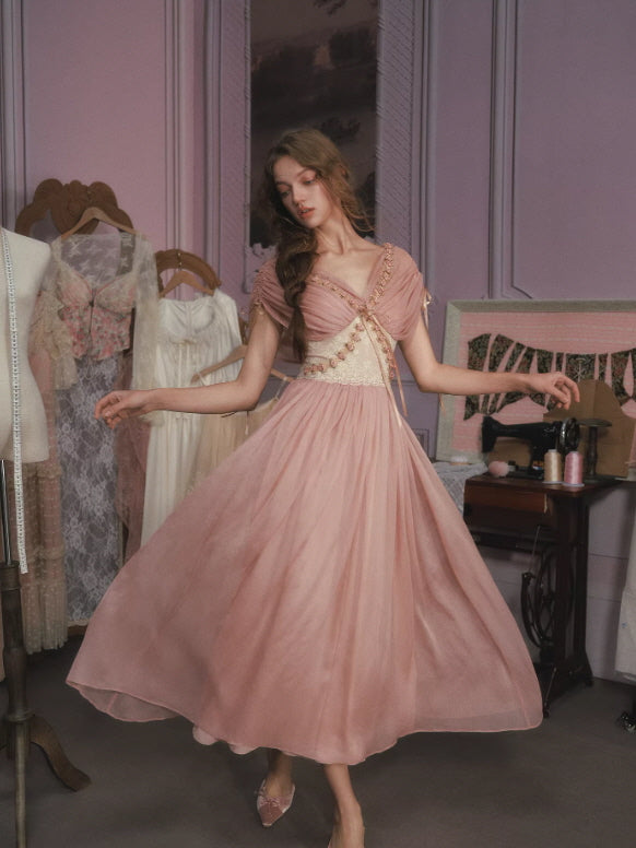 Blush Pink Chiffon Princess Dress with Floral Embroidery | Romantic Vintage Dress Pink / S Blush Pink Chiffon Princess Dress with Floral Embroidery | Romantic Vintage Dress Pink / S