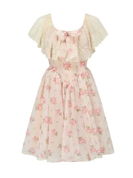 pink floral mini dresses Vintage Floral Off Shoulder Dress – Lace Coquette Princess Mini Dress