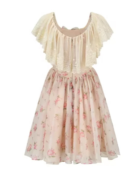 Vintage Floral Off Shoulder Dress – Lace Coquette Princess Mini