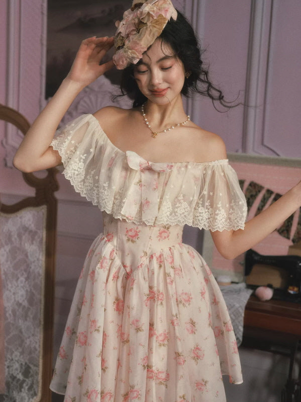 Vintage Floral Off Shoulder Dress Lace Coquette Princess Mini Dress | Lacemade Vintage Floral Off Shoulder Dress Lace Coquette Princess Mini Dress | Lacemade