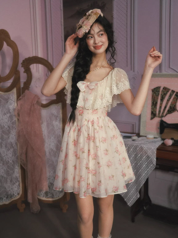 Vintage Floral Off Shoulder Dress Lace Coquette Princess Mini Dress | Lacemade PInk / S Vintage Floral Off Shoulder Dress Lace Coquette Princess Mini Dress | Lacemade PInk / S