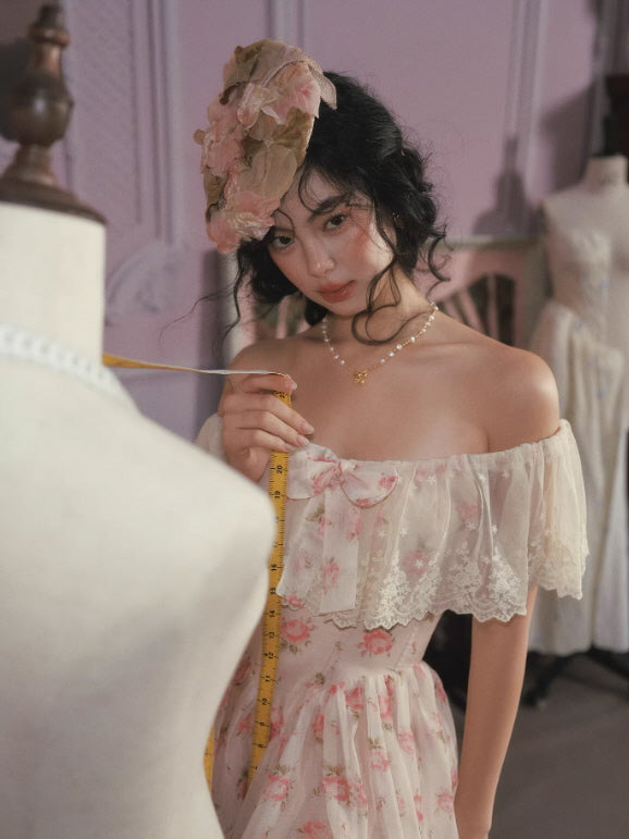 off the shoulder dress with ruffle sleeves Vintage Floral Off Shoulder Dress – Lace Coquette Princess Mini Dress