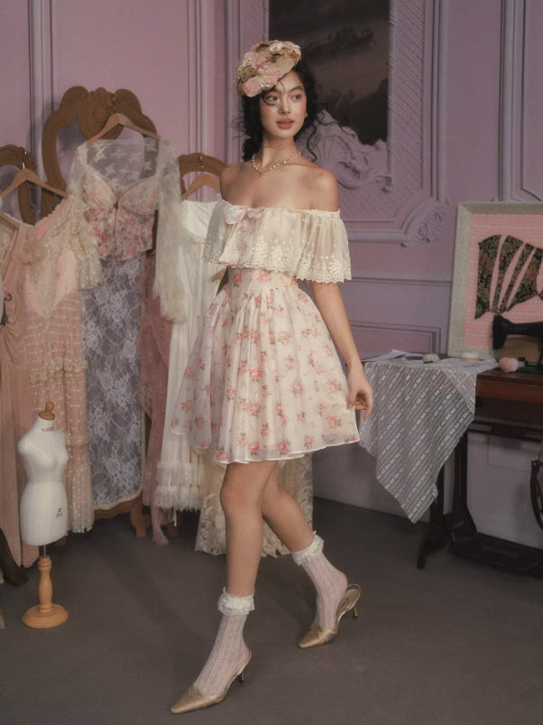 Vintage Floral Off Shoulder Dress – Lace Coquette Princess Mini