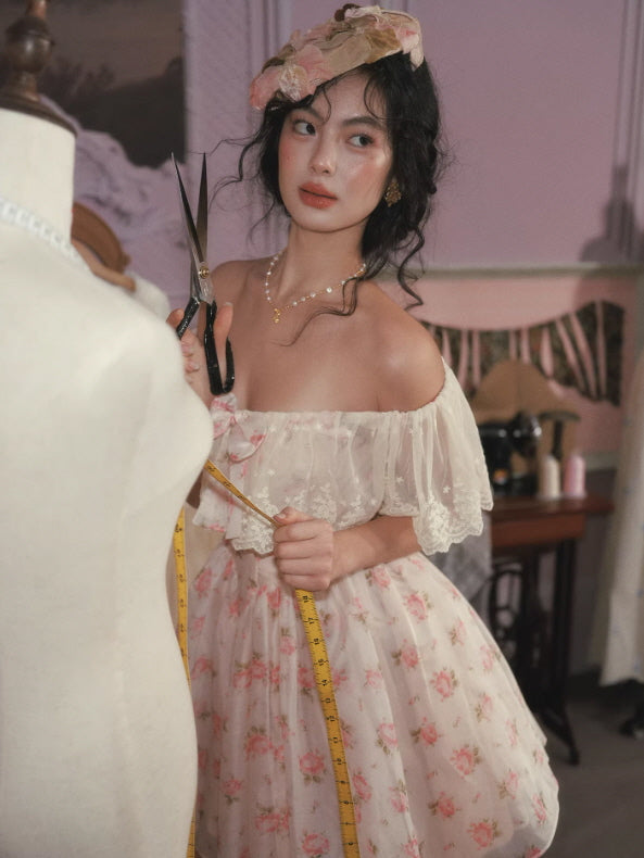 old rose off shoulder dress Vintage Floral Off Shoulder Dress – Lace Coquette Princess Mini Dress