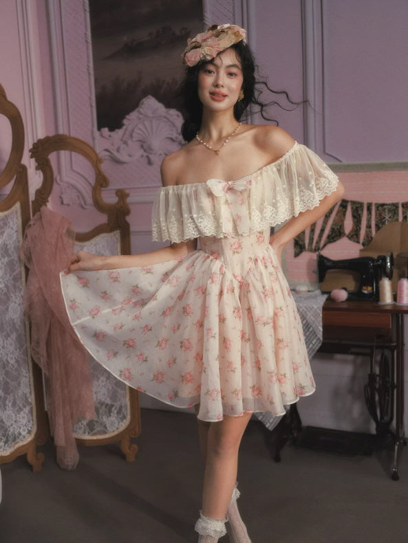 Vintage Floral Off Shoulder Dress – Lace Coquette Princess Mini