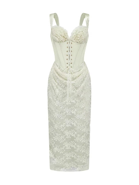 Sage green lace corset dress product shot with floral texture and fitted waist silhouette, front view