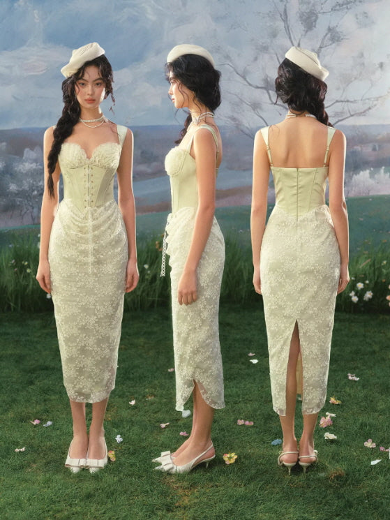 Corset lace midi dress front side and back view with delicate floral pattern and soft feminine structure