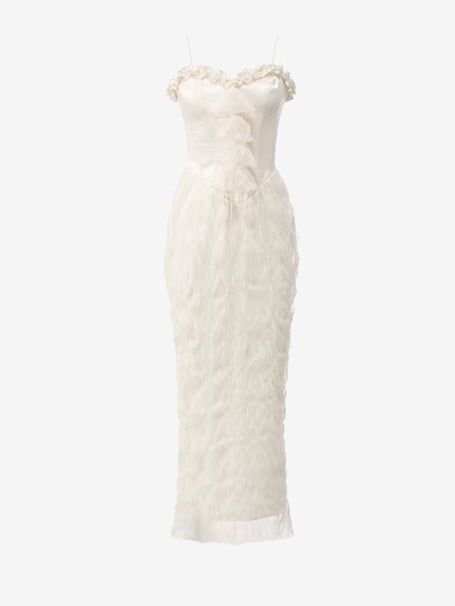 Ivory fitted lace dress product shot with corset structure and layered ruffle texture, minimalist front view