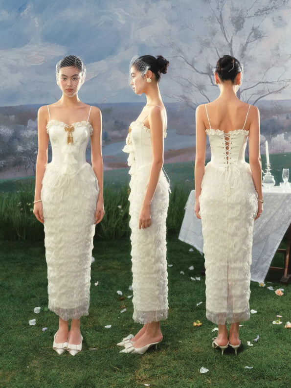 Elegant ivory lace midi dress with corset bodice and ruffled texture, front side and back view in romantic garden setting