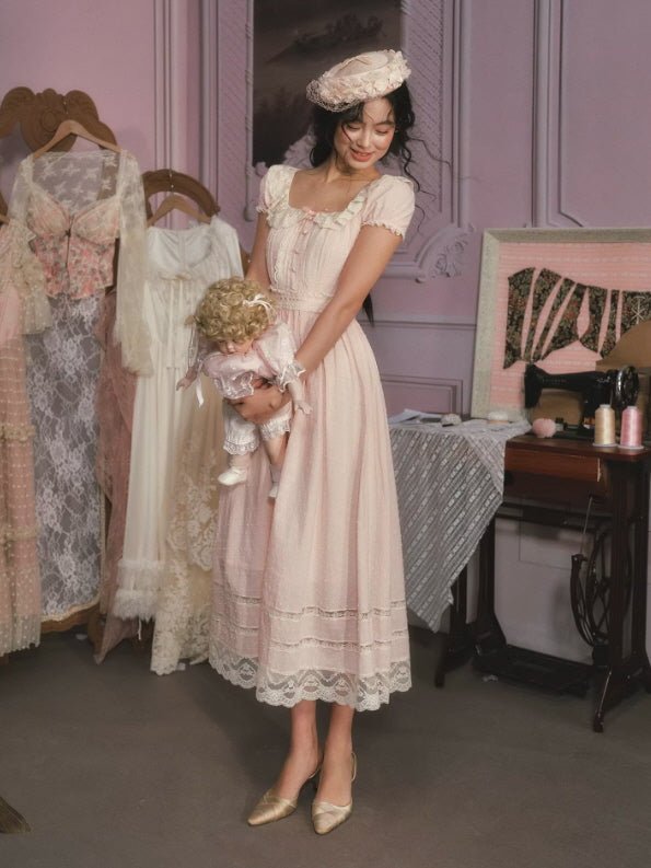 Blush Pink Lace Midi Dress – Fairytale Princess Vintage Romantic Dress