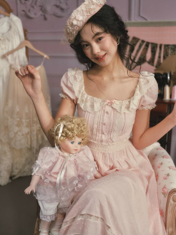 Blush Pink Lace Midi Dress  Fairytale Princess Vintage Romantic Dress Pink(Pre-Sale30days) / M