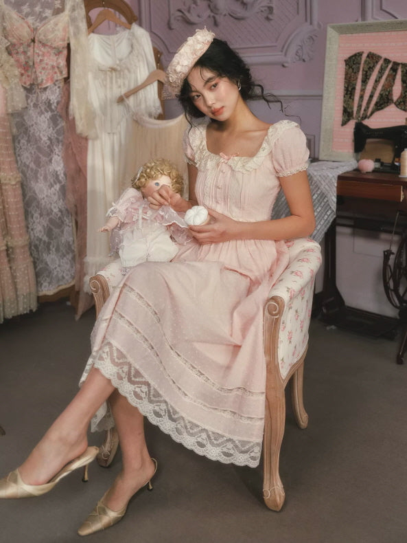 chinese dress ladies Blush Pink Lace Midi Dress – Fairytale Princess Vintage Romantic Dress