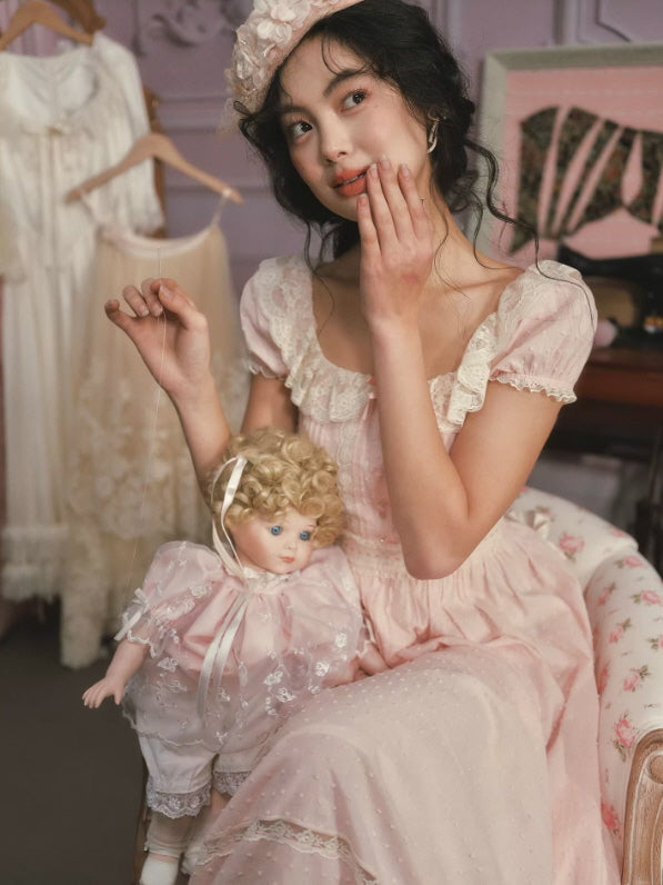 Blush Pink Lace Midi Dress  Fairytale Princess Vintage Romantic Dress Pink(Pre-Sale30days) / M
