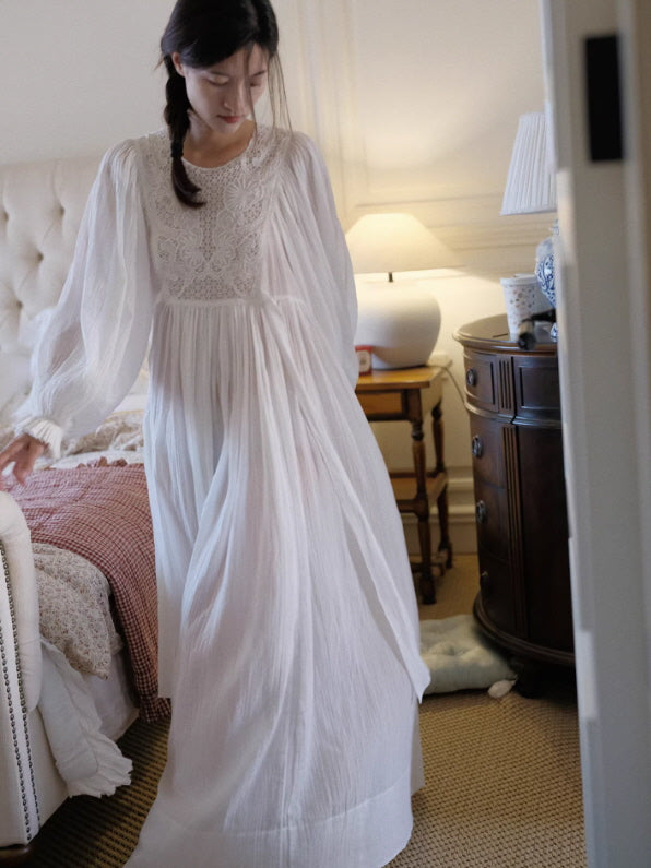 Romantic Lace Nightgown Cottagecore Dress – Vintage Long Sleeve