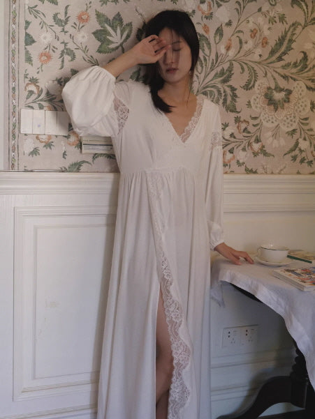 Long white cottagecore nightdress with lace trim and front slit, dreamy vintage interior and soft feminine styling