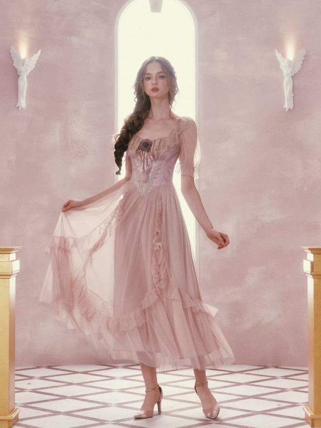 Blush Pink Lace Corset Midi Dress