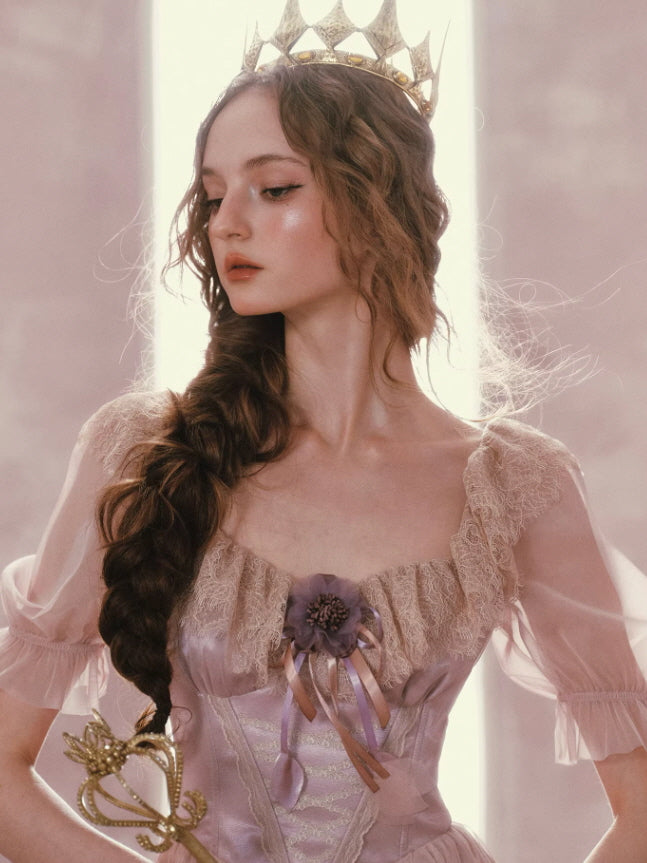 Fairycore pink princess dress with delicate lace neckline and flower embellishment, soft feminine silhouette with vintage charm