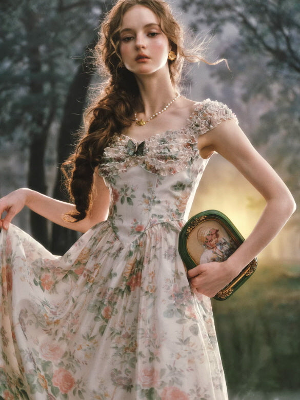 Enchanted Butterfly Floral Cottagecore Midi Dress