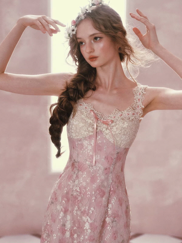 Blush Petal Lace Midi Dress Romantic Fairycore Floral Dress Pink / M Blush Petal Lace Midi Dress Romantic Fairycore Floral Dress Pink / M