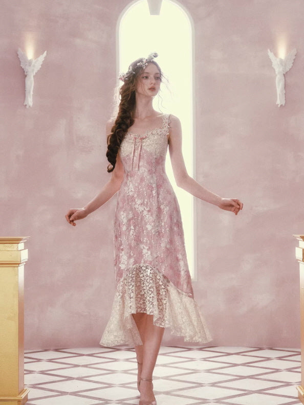 Blush Petal Lace Midi Dress Romantic Fairycore Floral Dress Pink / M Blush Petal Lace Midi Dress Romantic Fairycore Floral Dress Pink / M