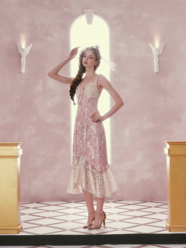 Blush Petal Lace Midi Dress Romantic Fairycore Floral Dress Pink / M Blush Petal Lace Midi Dress Romantic Fairycore Floral Dress Pink / M