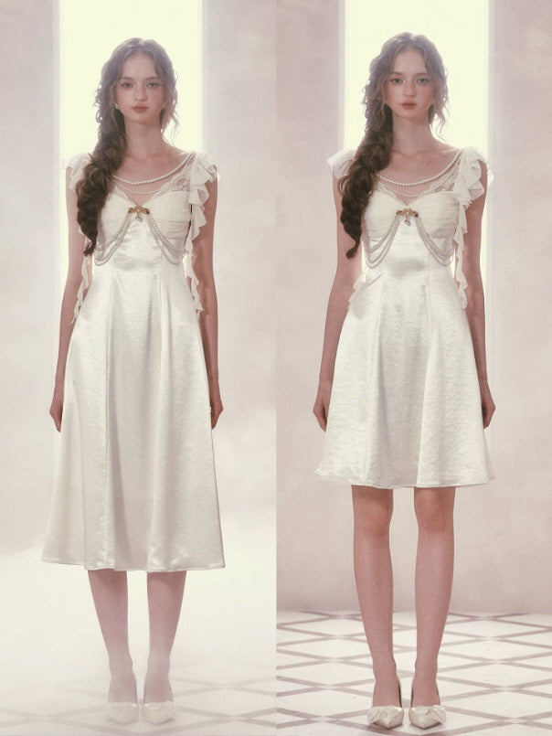 Ivory fairycore satin dress midi and short length comparison, pearl detail vintage princess style outfit