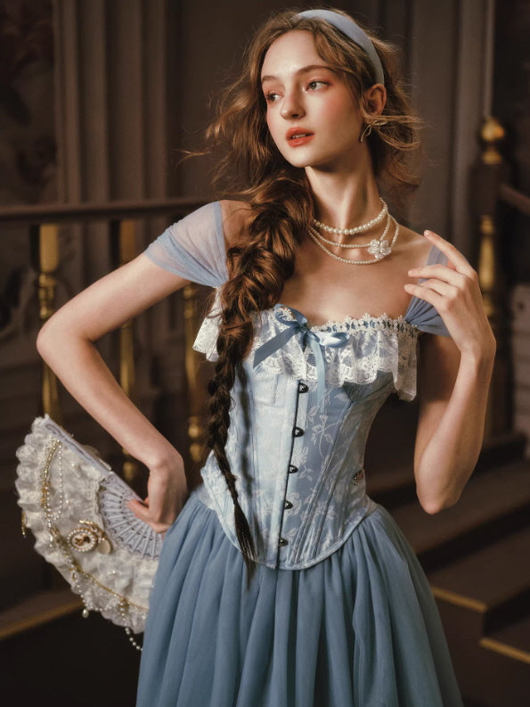 Blue corset dress with lace neckline and off shoulder sleeves, romantic princess aesthetic close-up