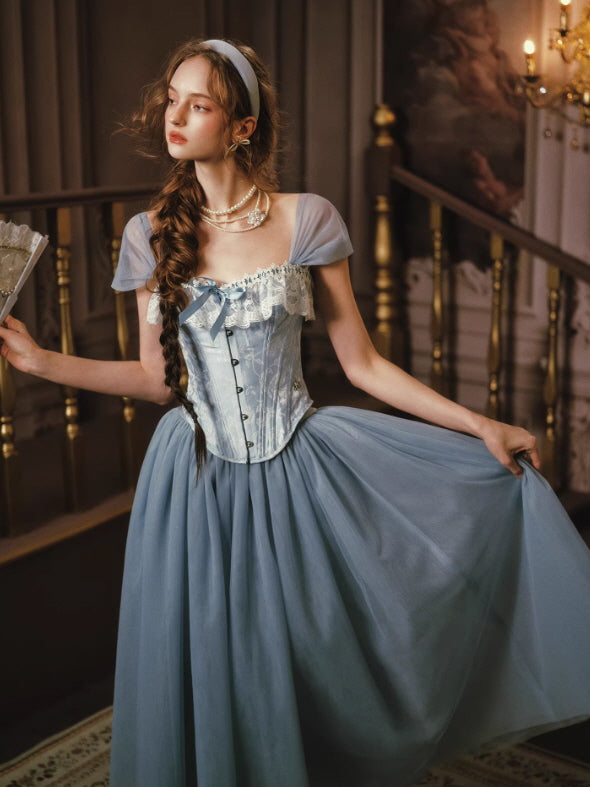 Blue corset princess dress with tulle skirt and lace trim, vintage balletcore aesthetic full length