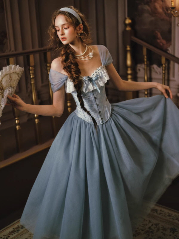 Soft blue satin corset dress with flowing tulle skirt, romantic vintage princess aesthetic in motion