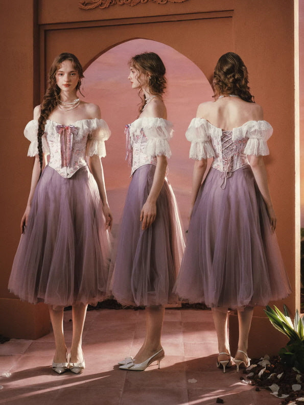 Floral lace corset with lilac tulle skirt front side back view, vintage fairycore princess outfit