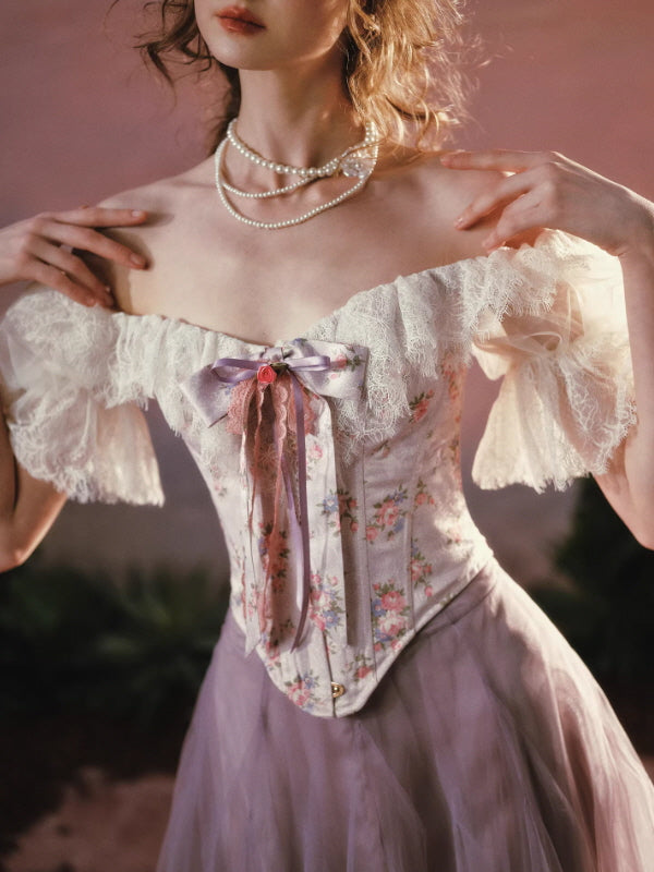 Floral lace corset top with ribbon detail and off shoulder lace sleeves, vintage princess aesthetic close-up