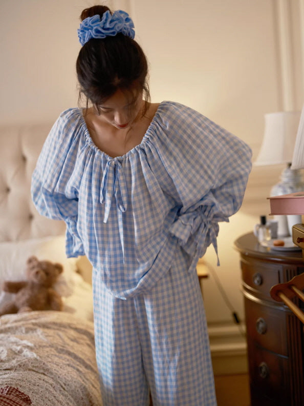 loose fit blue check pajama set with puff sleeves and ribbon neckline romantic sleepwear outfit
