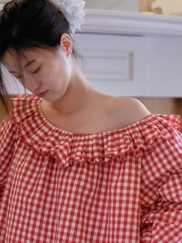 Off-shoulder red gingham pajama top with soft ruffle detail, feminine vintage loungewear