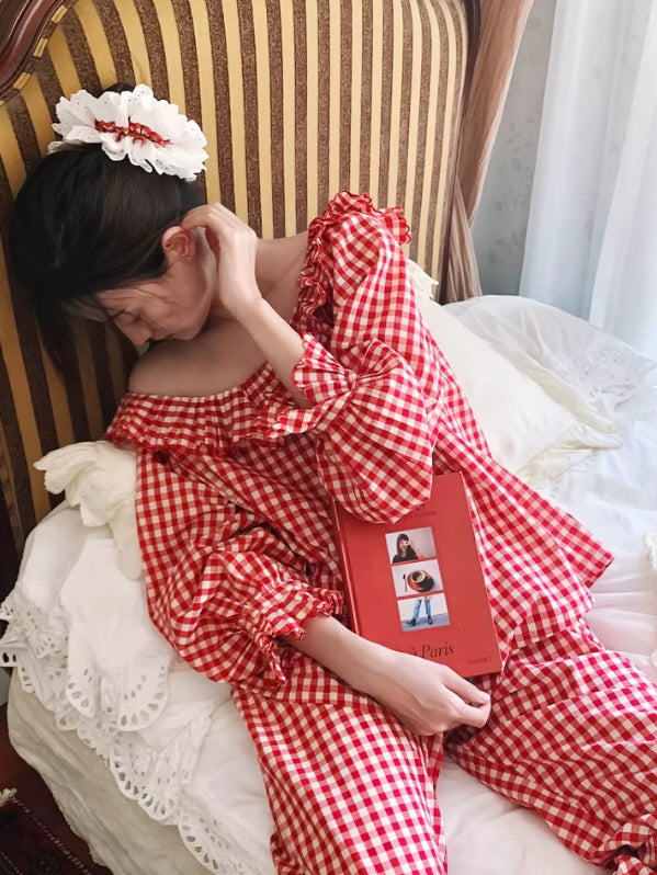 Red Gingham Pajama Set Women | Cottagecore Ruffle Sleepwear