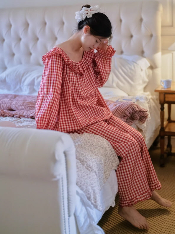 Red Gingham Pajama Set Women | Cottagecore Ruffle Sleepwear