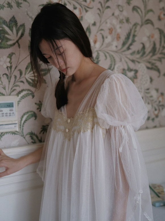 Romantic white lace nightgown with flowing fit, vintage inspired fairycore homewear dress