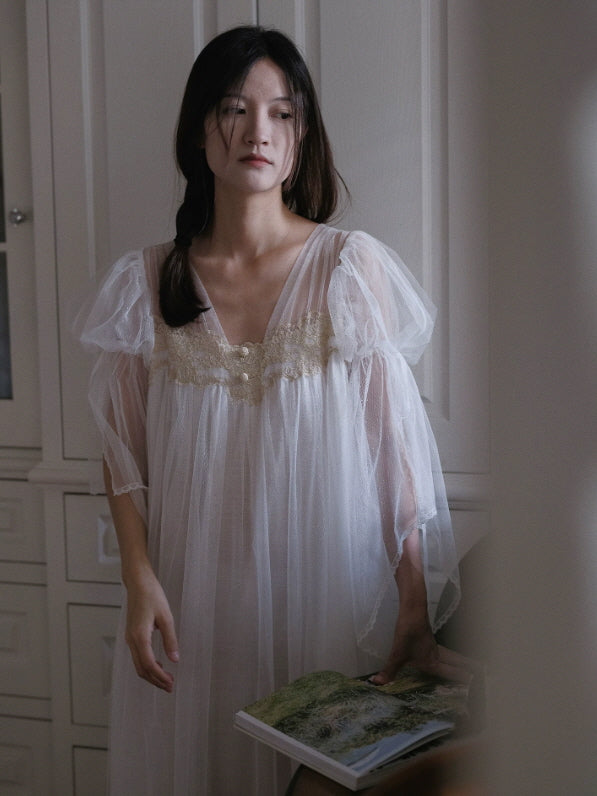 Sheer white lace nightgown with soft tulle sleeves, romantic fairycore sleep dress aesthetic