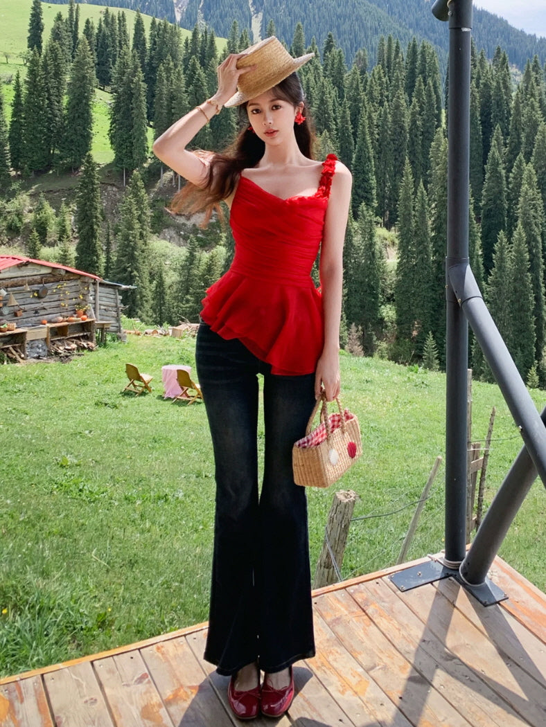 Red One Shoulder Peplum Top | Floral Fairycore Summer Top