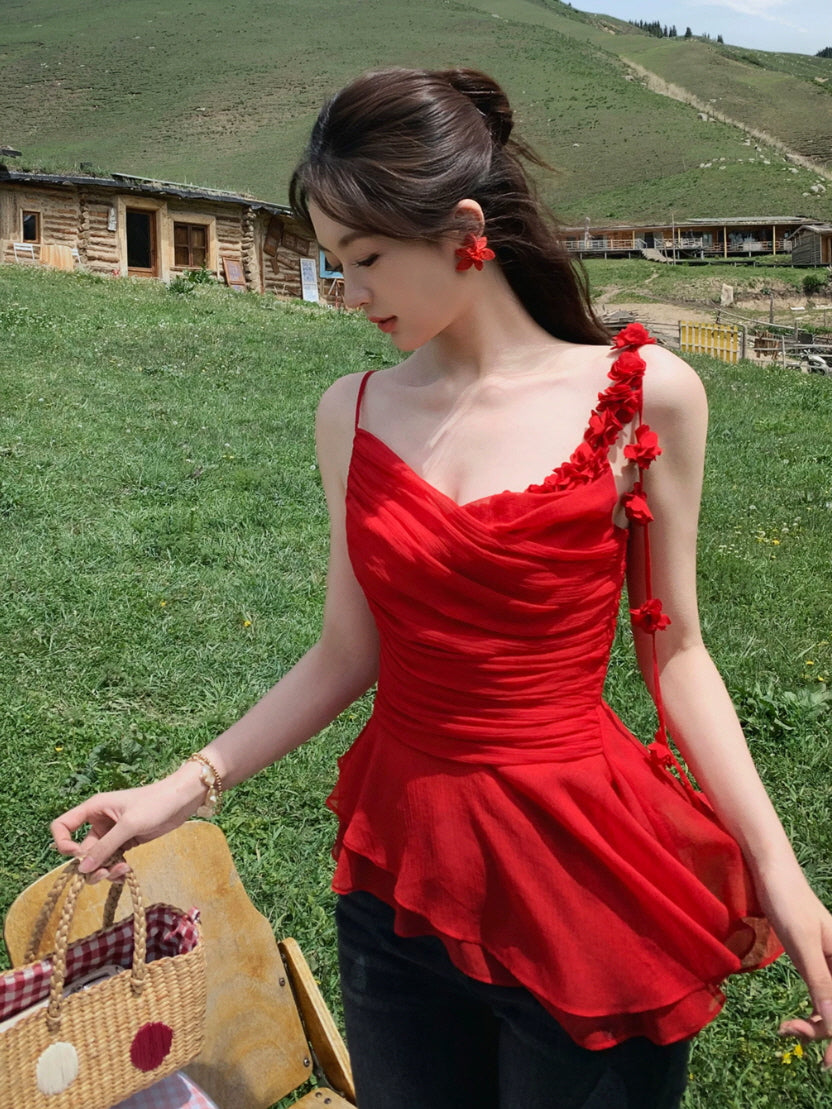 Red One Shoulder Peplum Top | Floral Fairycore Summer Top