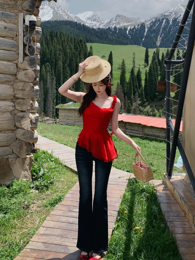 Red One Shoulder Peplum Top | Floral Fairycore Summer Top