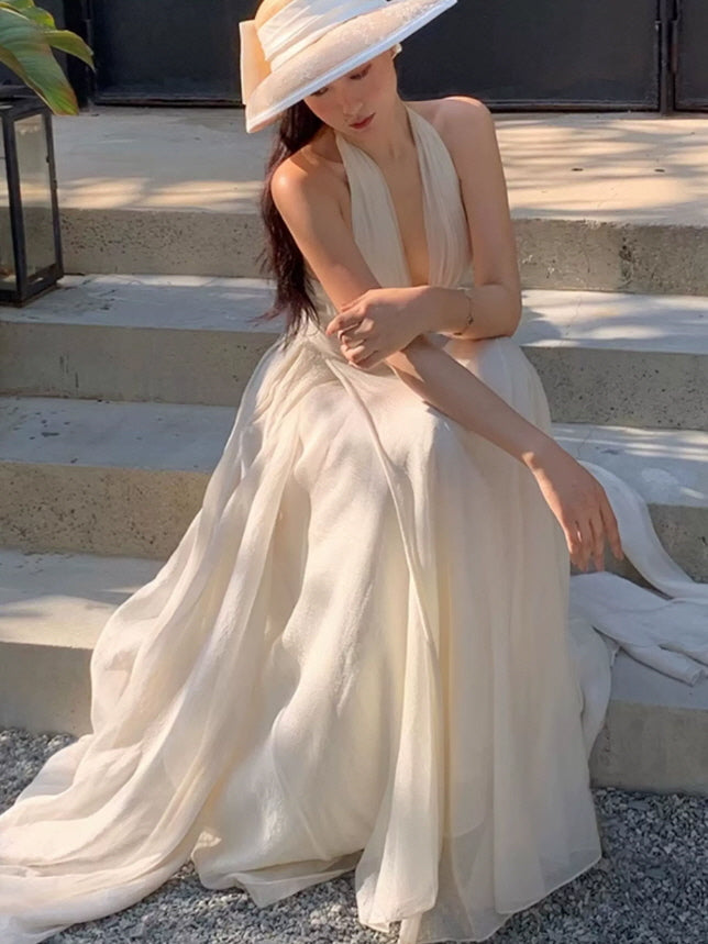 Ivory Goddess Halter Maxi Dress