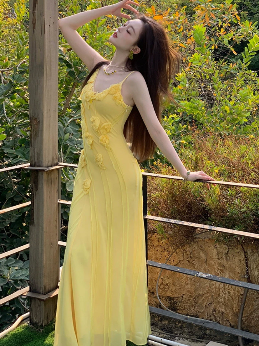 Yellow Fairycore Rose Applique Maxi Dress
