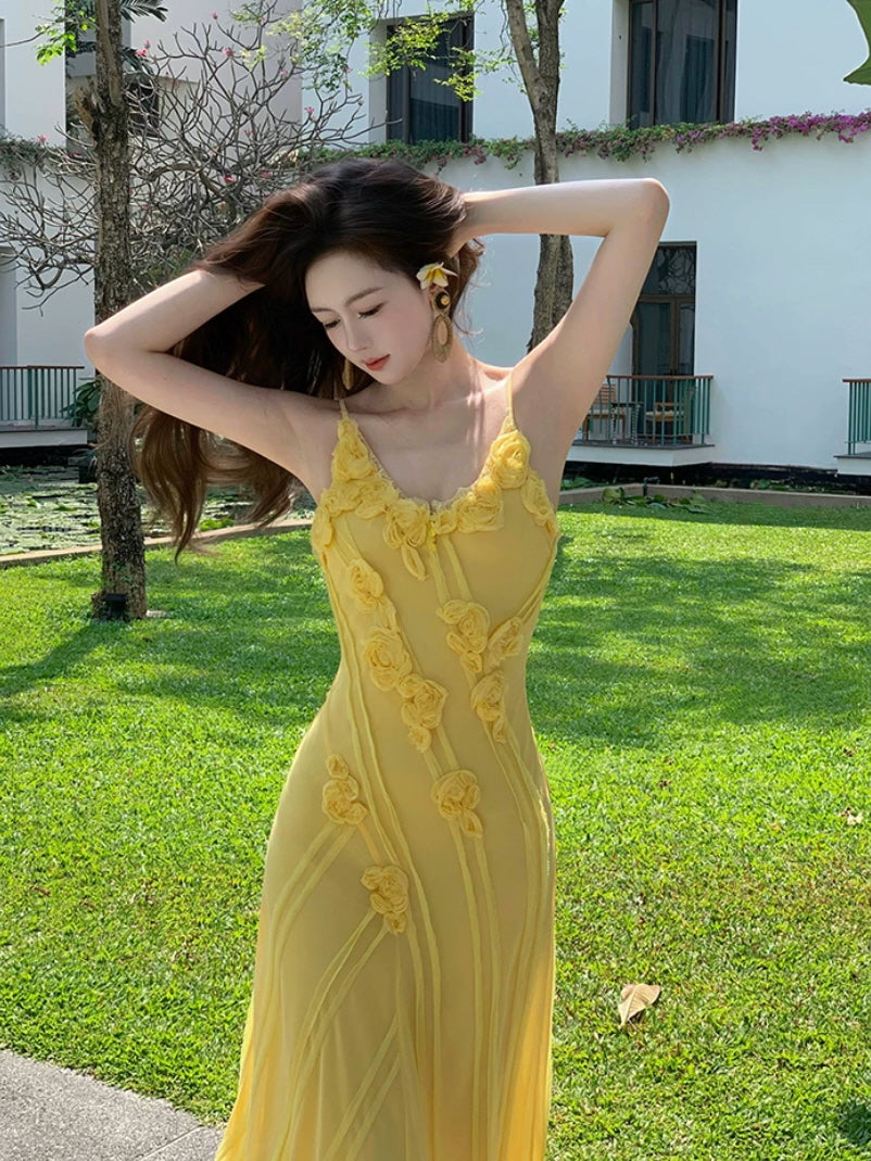Yellow Fairycore Rose Applique Maxi Dress