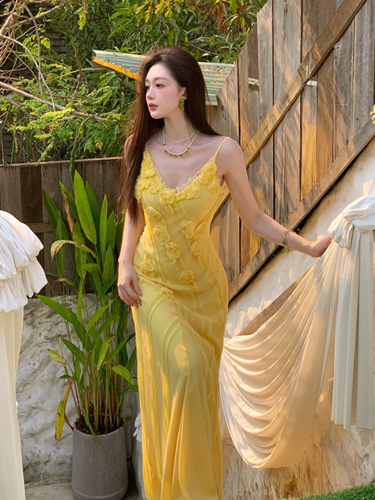 Yellow rose applique slip dress with flowing silhouette and garden resort styling
