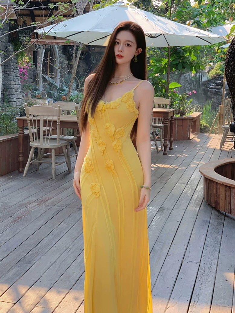 Yellow Fairycore Rose Applique Maxi Dress