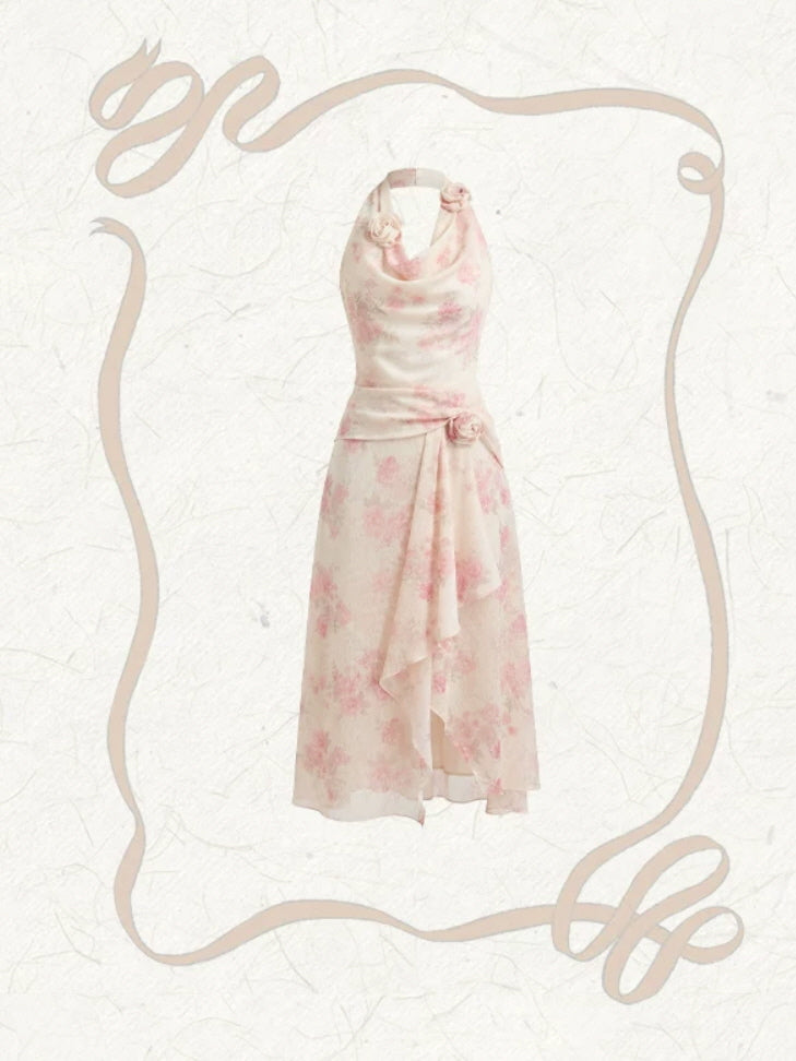 Pink Floral Fairycore Halter Maxi Dress