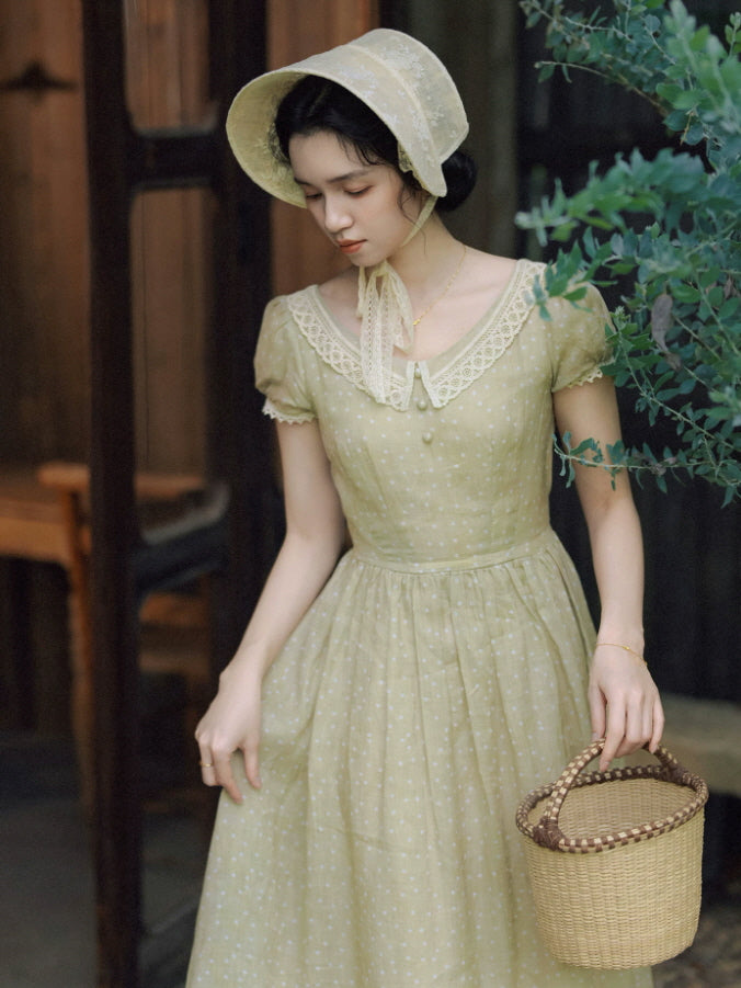 Cottagecore green midi dress with lace bonnet and woven basket