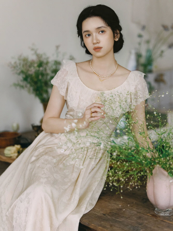 Ivory Rose Lace Vintage Maxi Dress