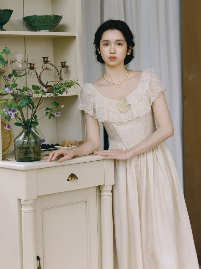 Ivory Rose Lace Vintage Maxi Dress