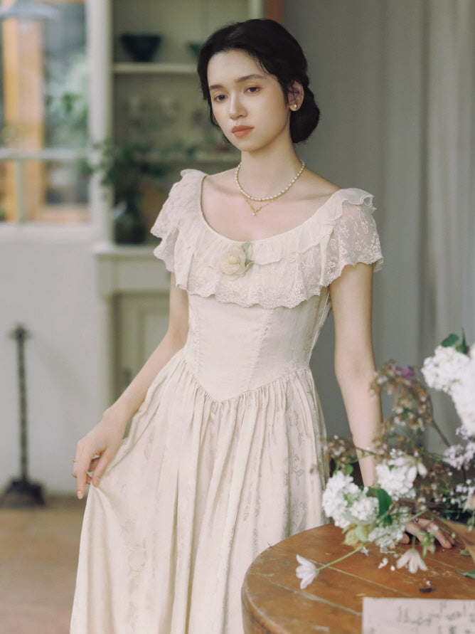 Ivory Rose Lace Vintage Maxi Dress